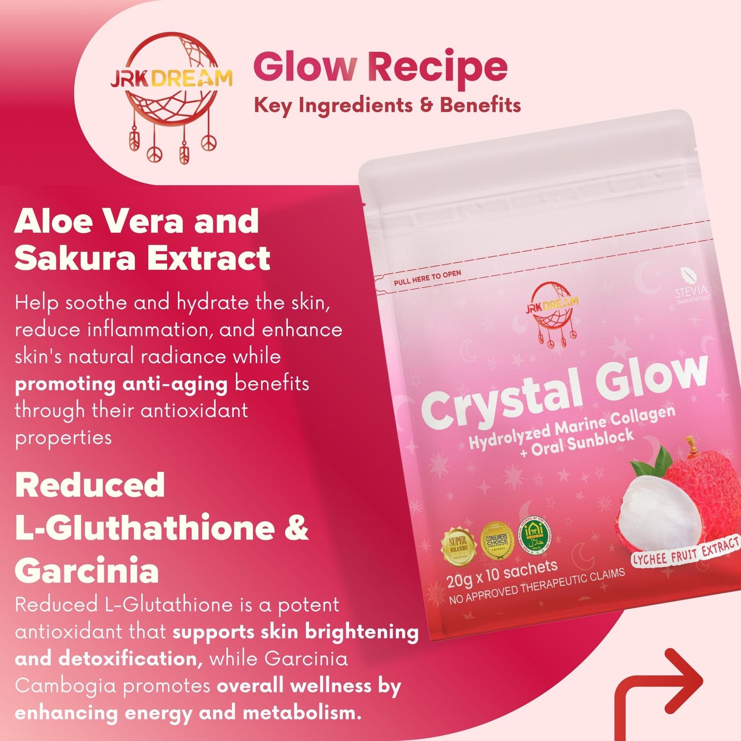 Crystal Glow Hydrolyzed Marine C0llagen + Oral Sunblock Lychee Fruit Extract (Beauty Drink)