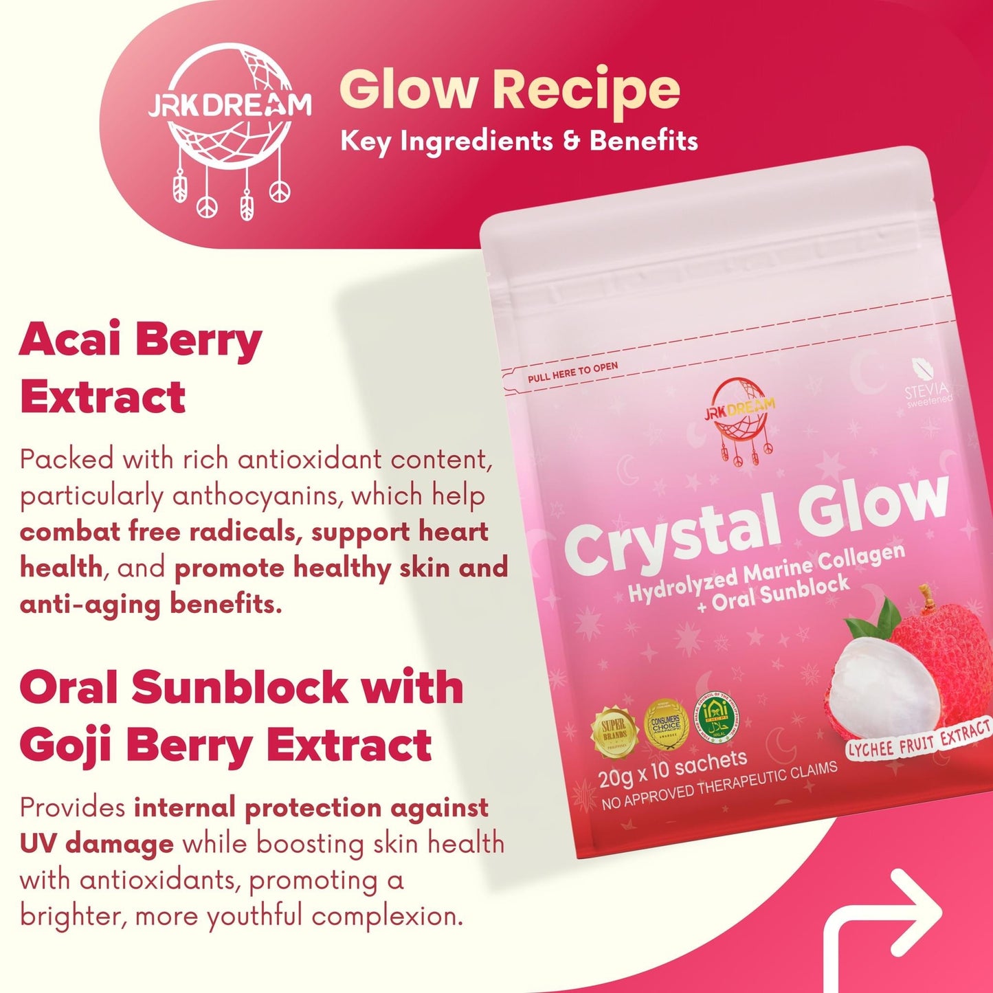 Crystal Glow Hydrolyzed Marine C0llagen + Oral Sunblock Lychee Fruit Extract (Beauty Drink)
