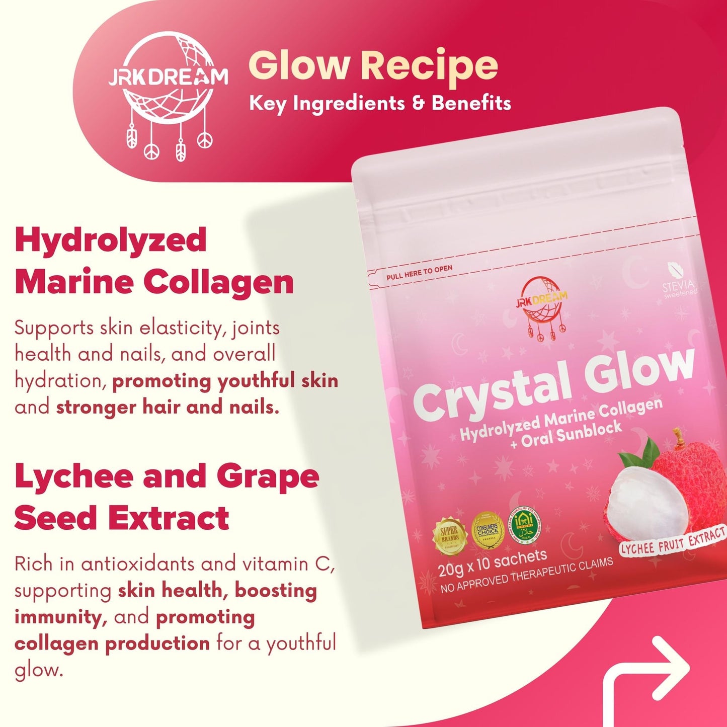 Crystal Glow Hydrolyzed Marine C0llagen + Oral Sunblock Lychee Fruit Extract (Beauty Drink)
