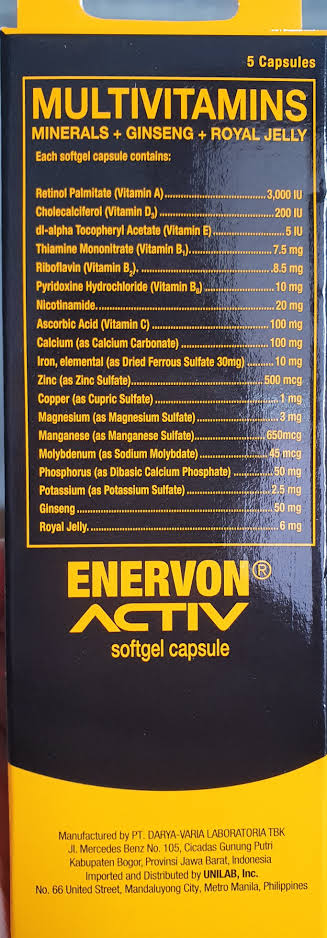 ENERVON Multivitamins Minerals + Ginseng + Royal Jelly x10 individual softgel capsules