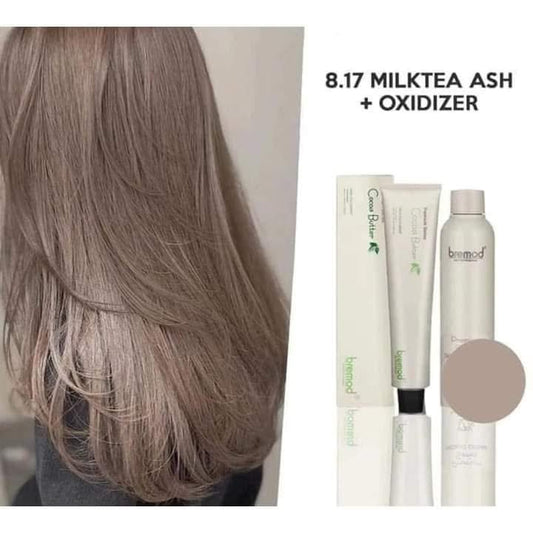 Bremod Premium Series Cocoa Butter Hair Colourant 8.17 MILK TEA ASH - with 9% Oxidant Cream