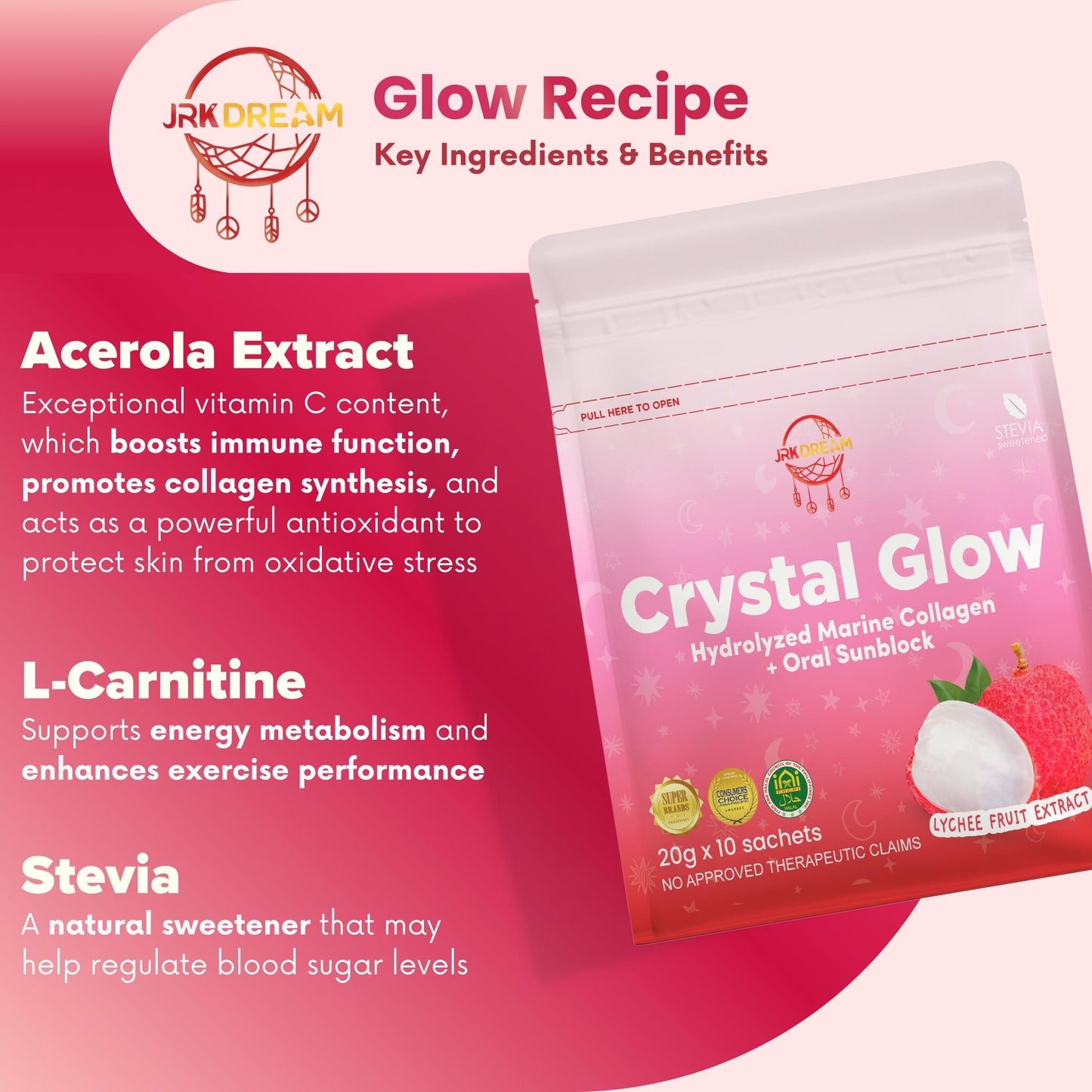 Crystal Glow Hydrolyzed Marine C0llagen + Oral Sunblock Lychee Fruit Extract (Beauty Drink)