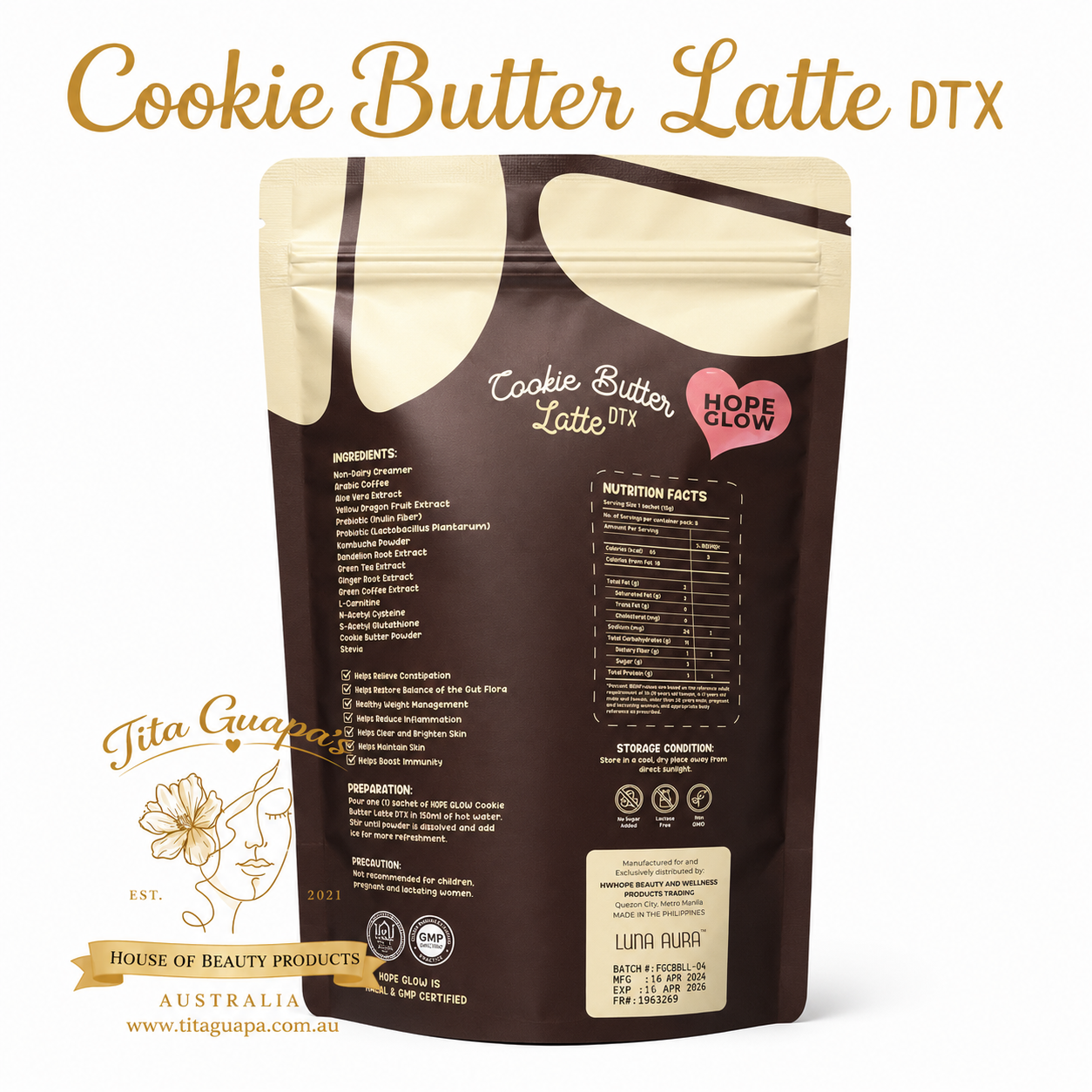Hope Glow Cookie Butter Latte DTX Wellness Coffee Blend - 8 Sachets