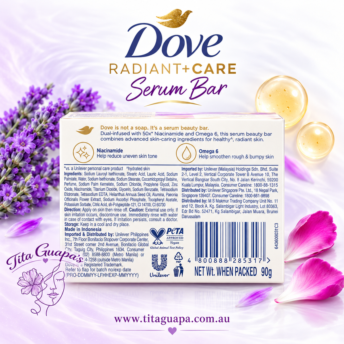 Dove Radiant+Care Serum Bar 50x Niacinamide + Omega 6 | Even Tone + Skin Smoothening 90g