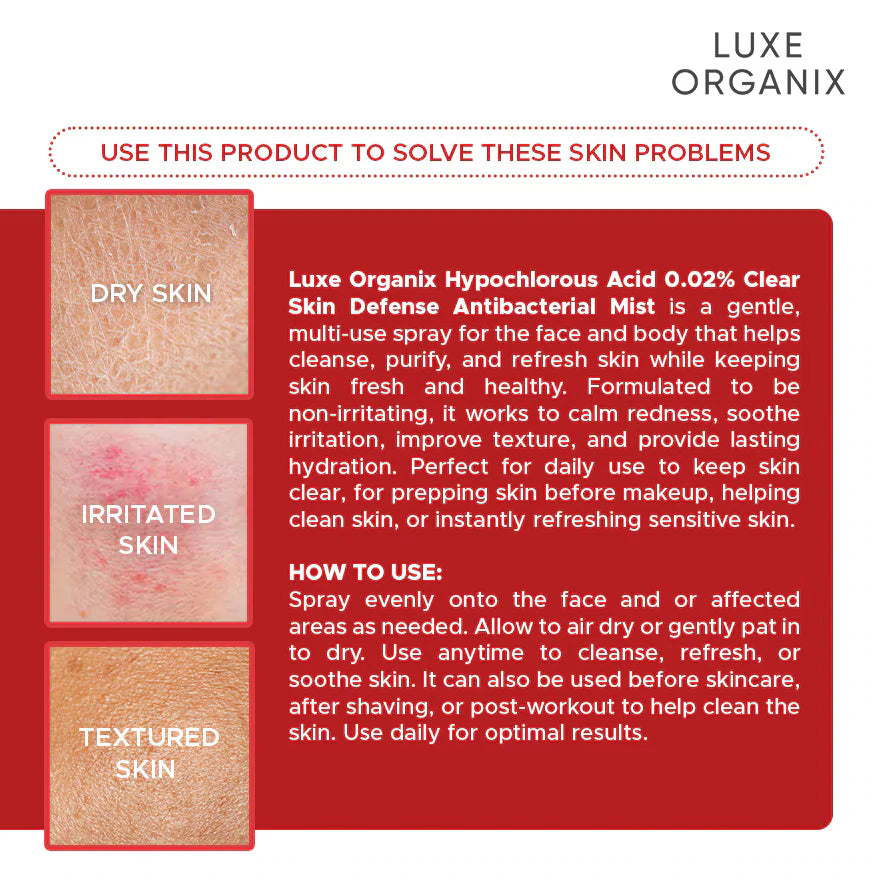 Luxe Organix DermaPRO Hypochlorous Acid 0.02% Clear Skin Defense Antibacterial Mist 100ml