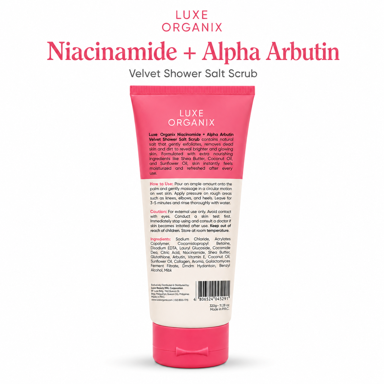 Luxe Organix Niacinamide + Alpha Arbutin 3X Whitening Velvet Shower Salt Scrub 320g