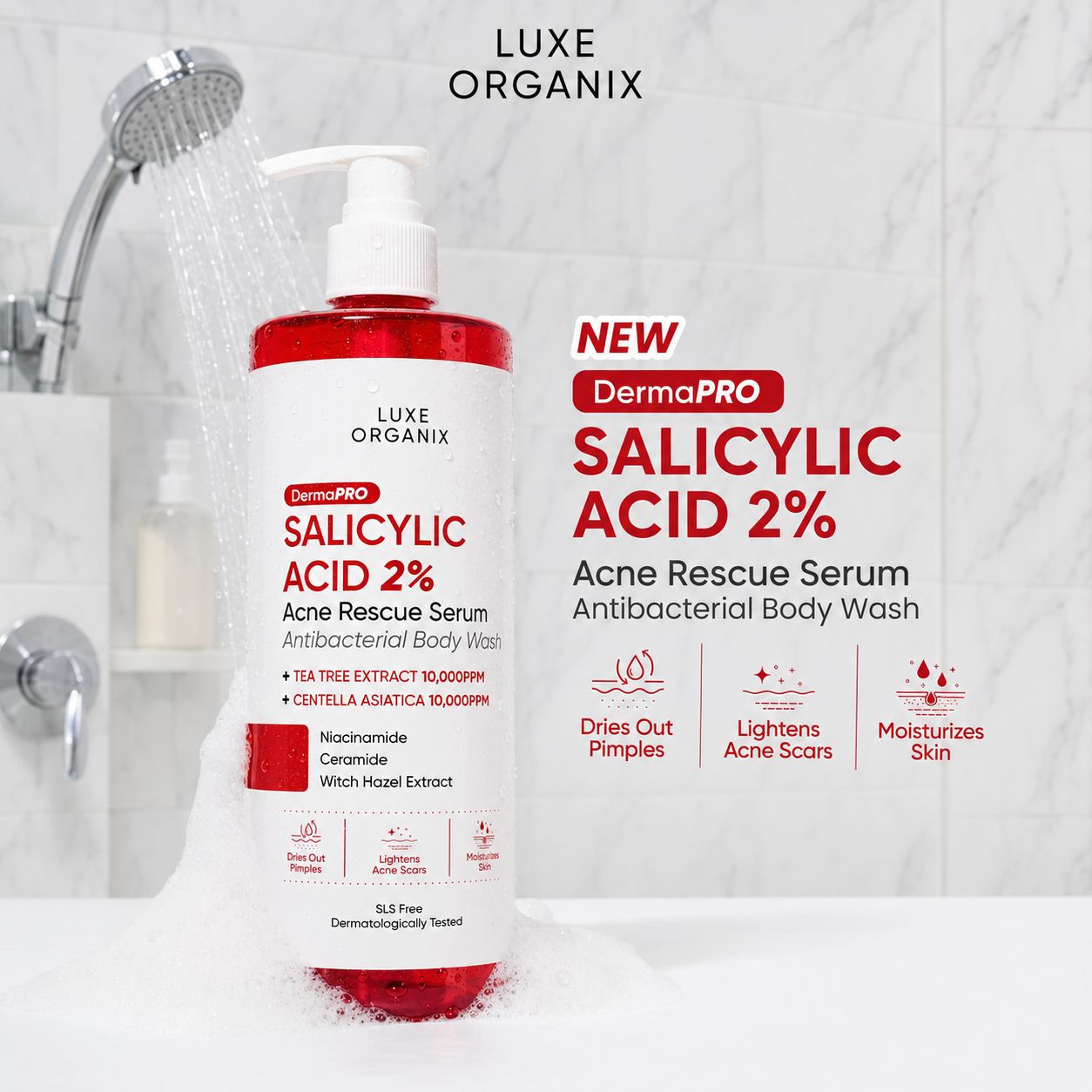 LUXE ORGANIX DermaPro Salicylic Acid 2% Acne Rescue Serum Antibacterial Body Wash – 500ml