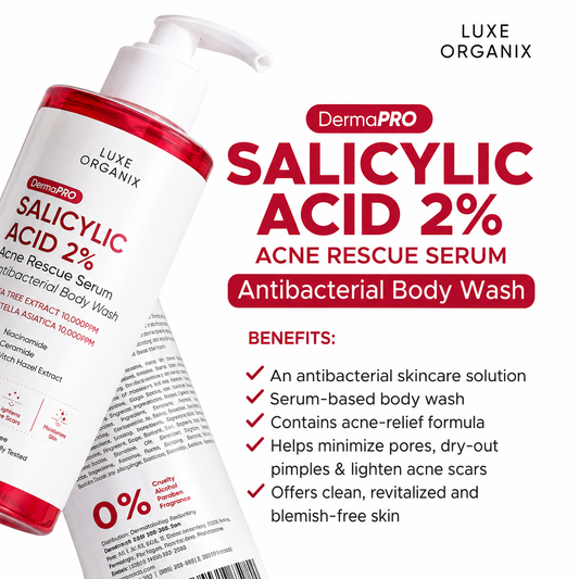 LUXE ORGANIX DermaPro Salicylic Acid 2% Acne Rescue Serum Antibacterial Body Wash – 500ml