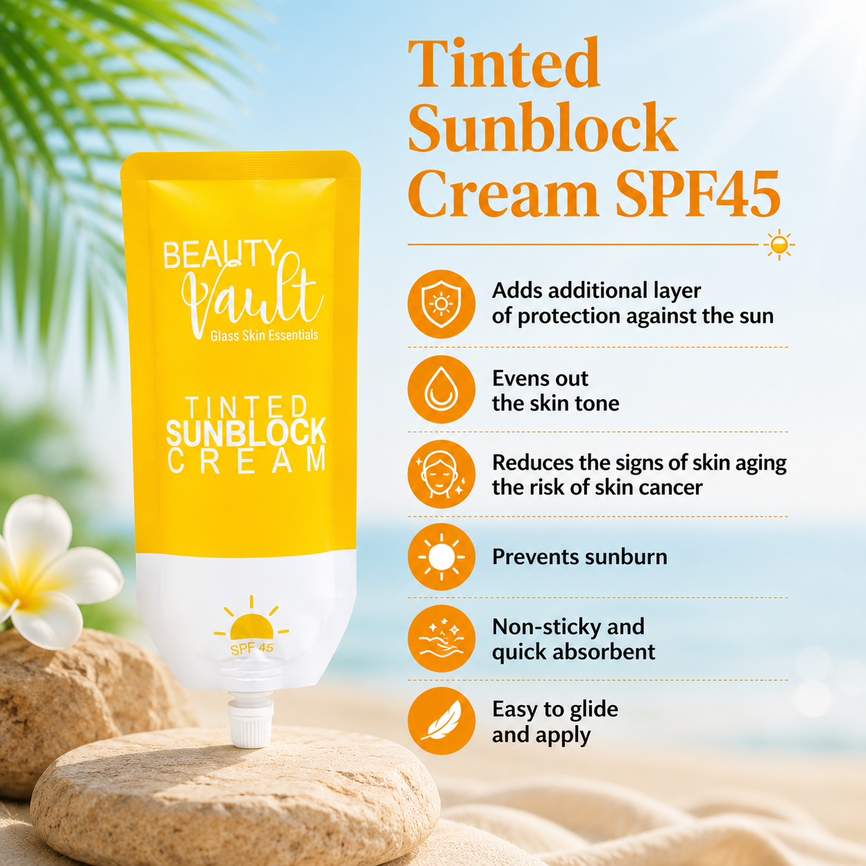 Beauty Vault Glass Skin Essentials Tinted Sunblock Cream SPF45 (50g)