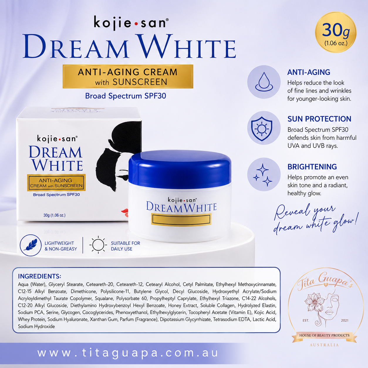Kojie San Dream White Anti-Aging Cream with Sunscreen SPF30 – 30g