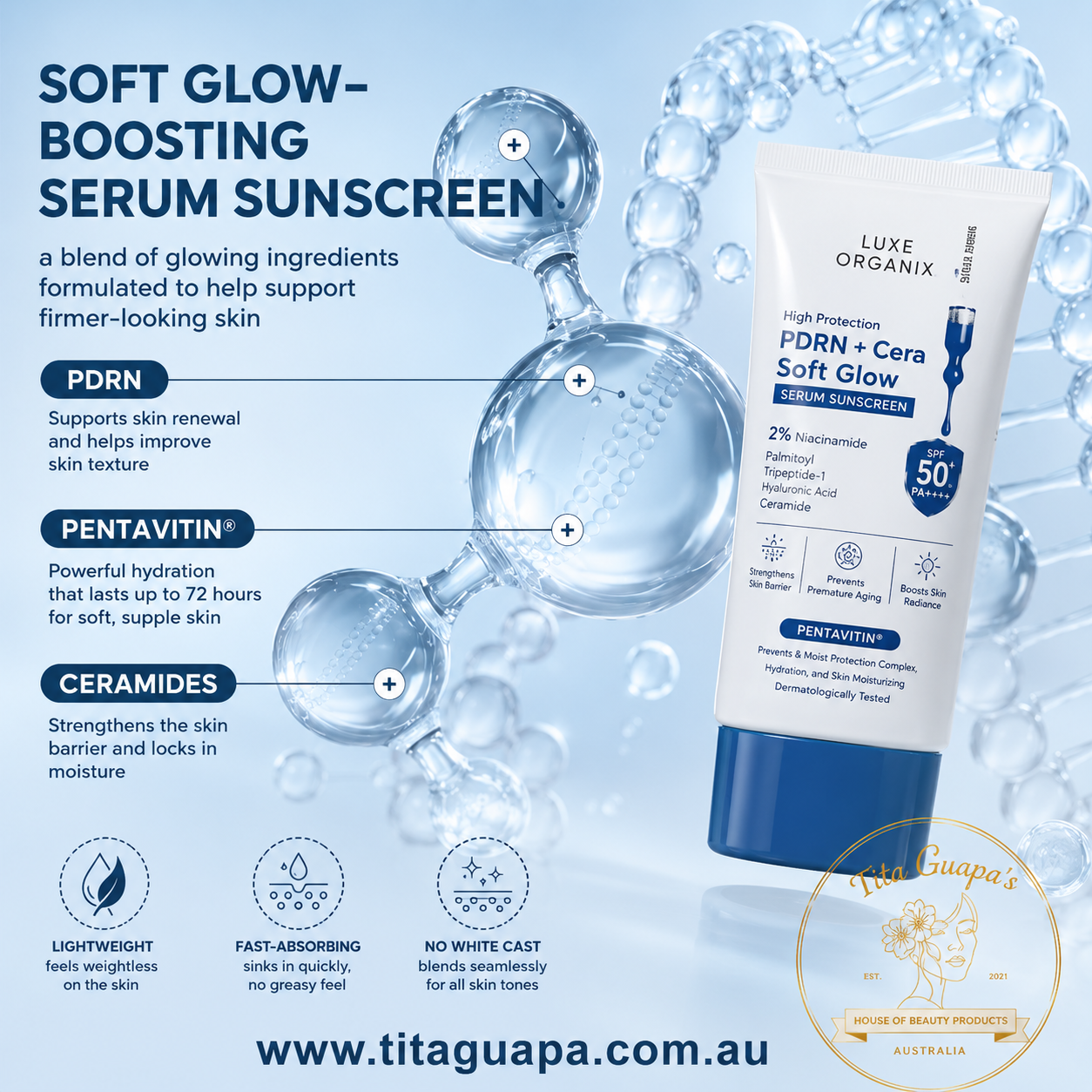 Luxe Organix High Protection PDRN + Cera Soft Glow Serum Sunscreen SPF50+ PA++++ (40g)