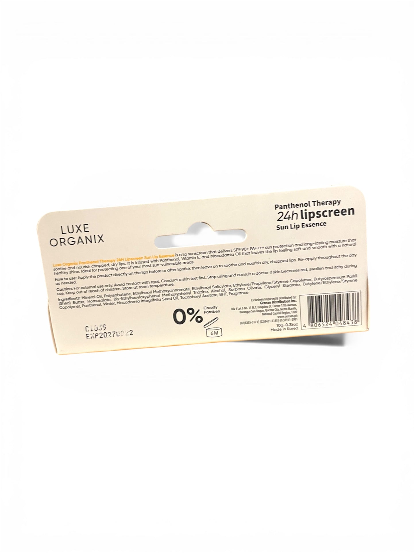 Luxe Organix Panthenol Therapy 24H Lipscreen Sun Lip Essence SPF 90+ PA++++ 10g