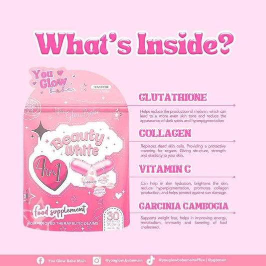 Beauty White 4-in-1 Glutathione, Hydrolyzed C0llagen, Vit C and Garcinia Cambogia by You Glow Babe
