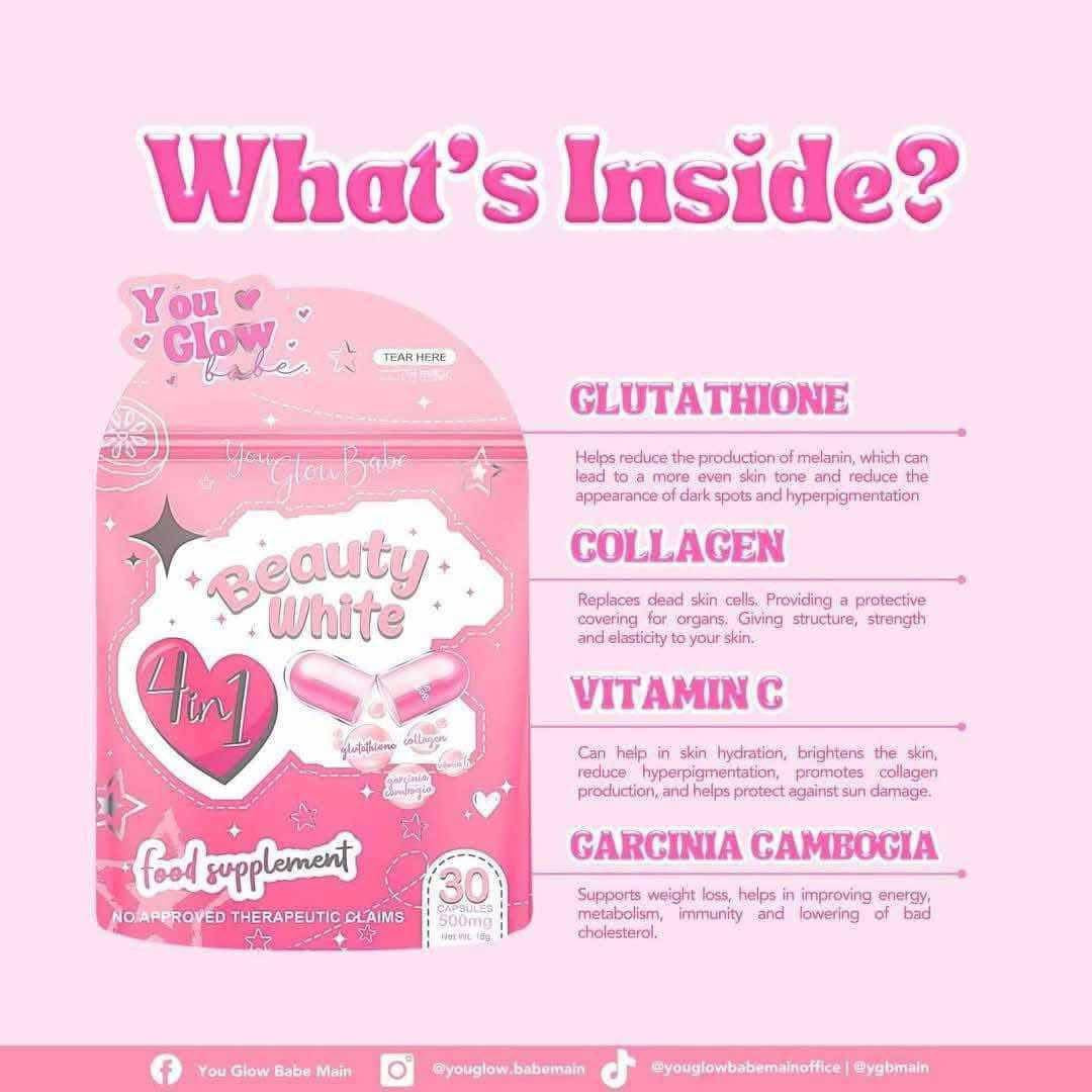 Beauty White 4-in-1 Glutathione, Hydrolyzed C0llagen, Vit C and Garcinia Cambogia by You Glow Babe