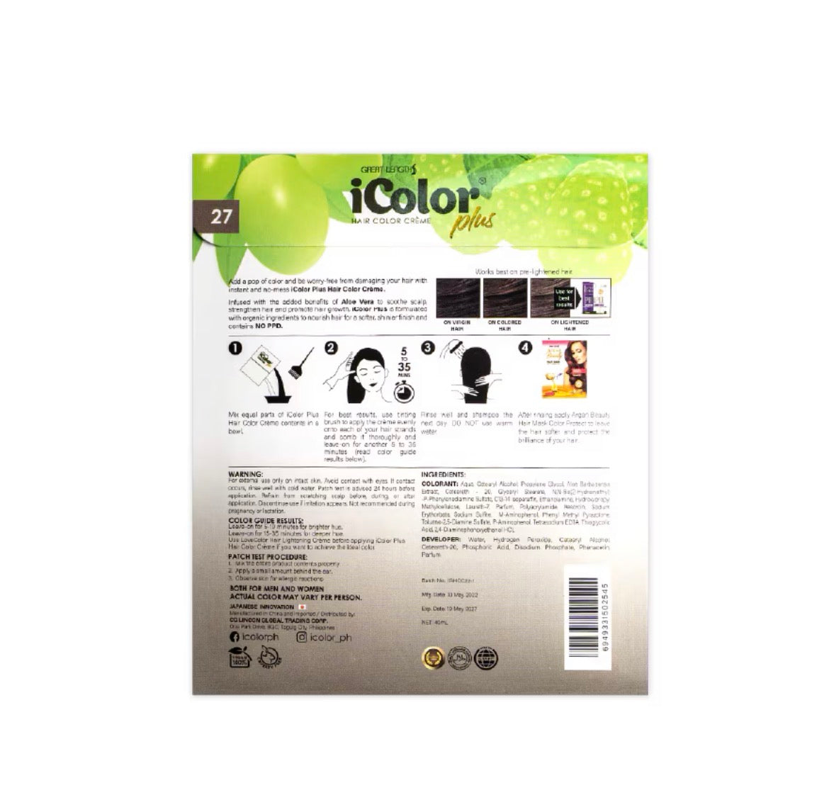 iColor Plus Hair Color Creme - ( Color: 27 ASH GRAY ) sold as x1 sachet 40ml