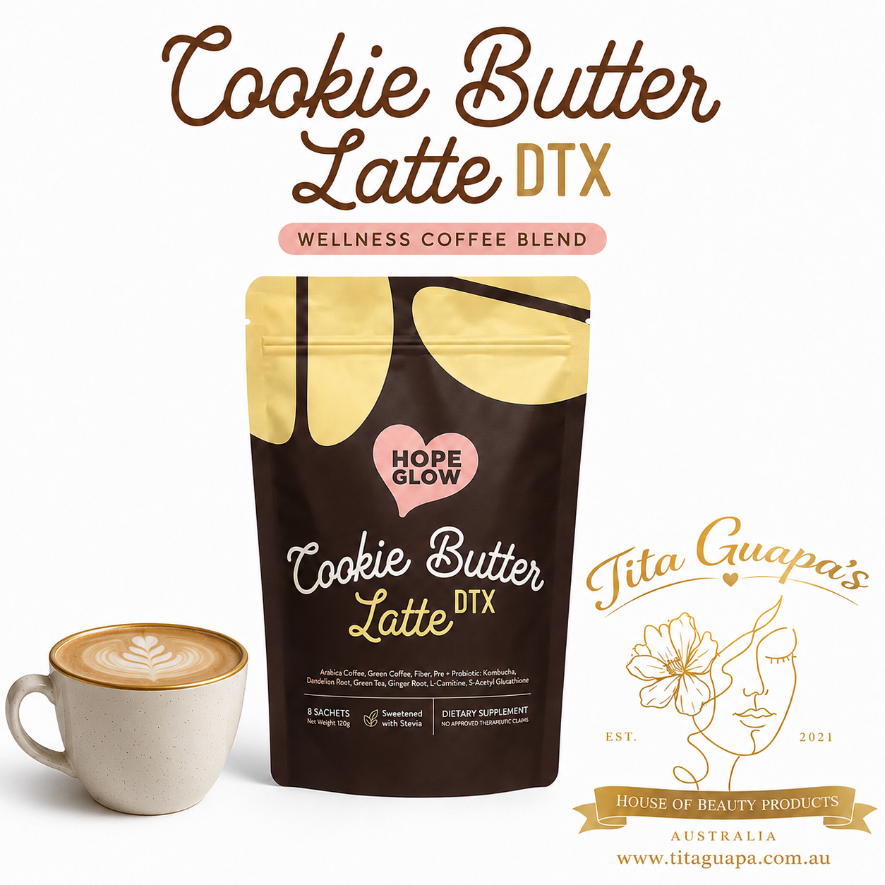 Hope Glow Cookie Butter Latte DTX Wellness Coffee Blend - 8 Sachets