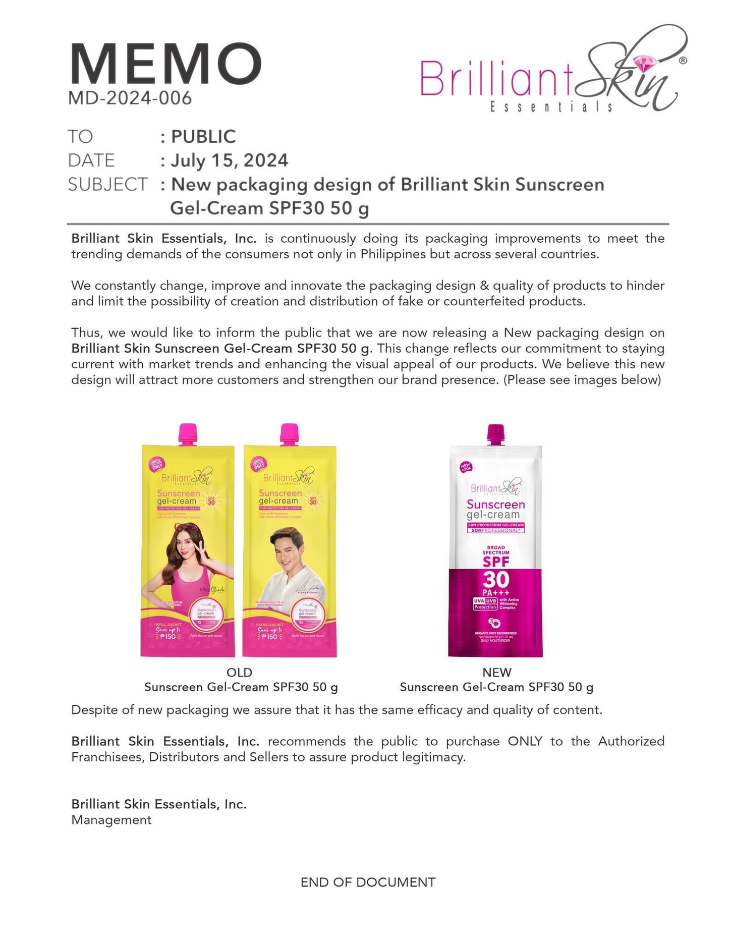 Brilliant Skin Sunscreen Gel-cream SPF30 PA+++   50g