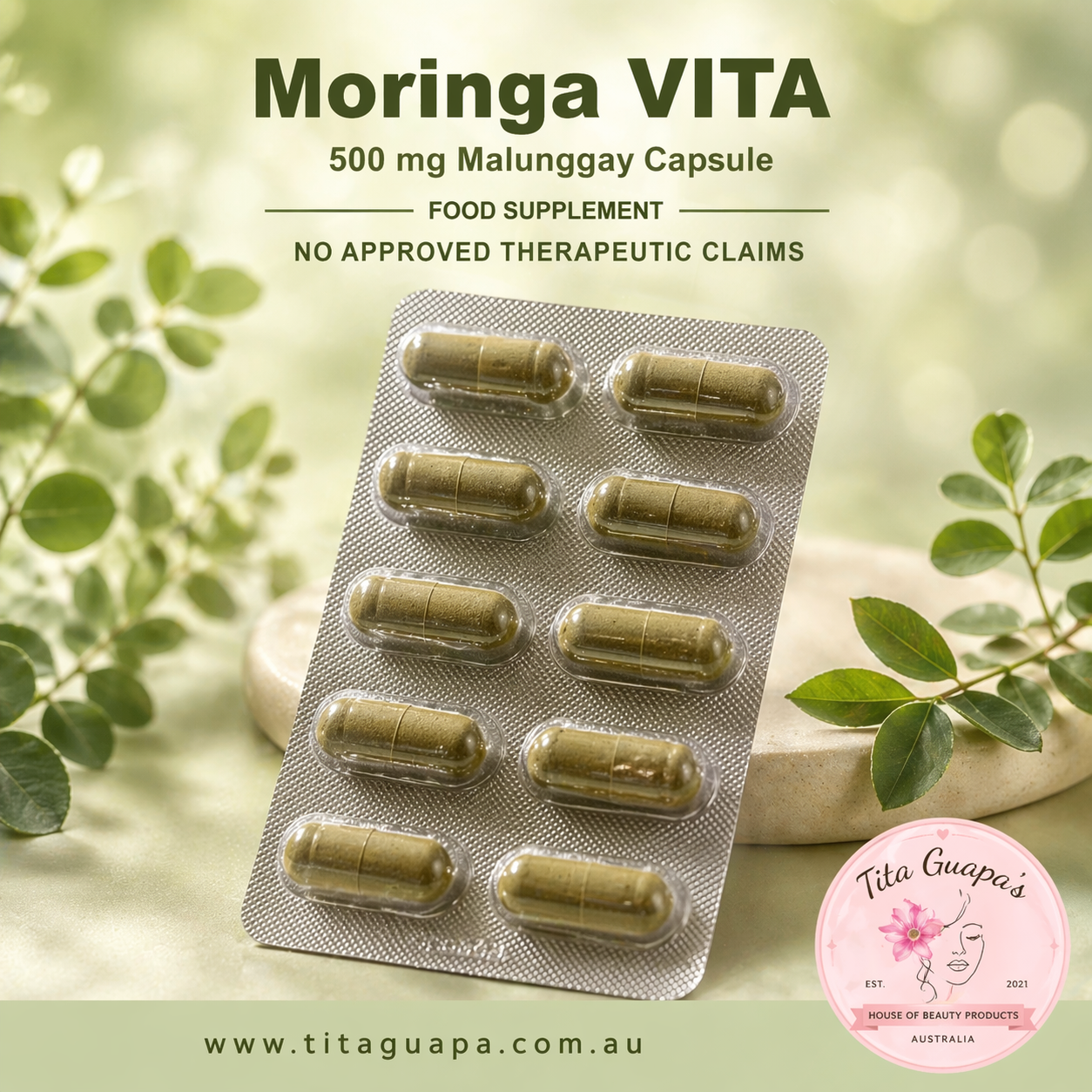 Moringa VITA 500mg Malunggay Capsule – 10 Capsules per Slab