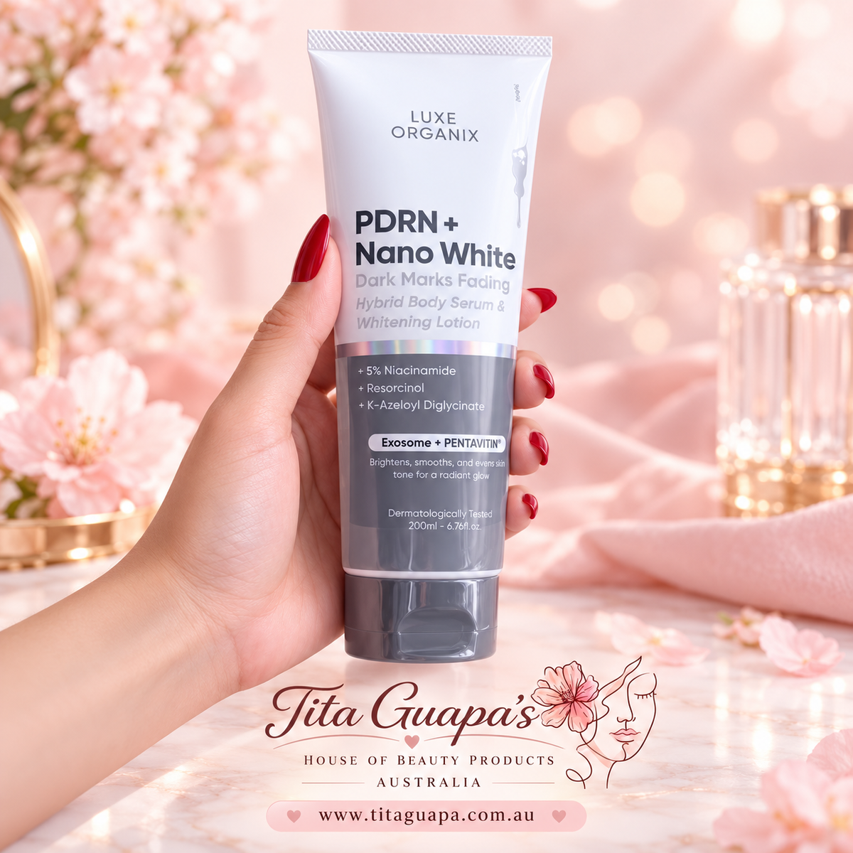 Luxe Organix PDRN + Nano White Dark Marks Fading Hybrid Body Serum & Whitening Lotion – 200ml