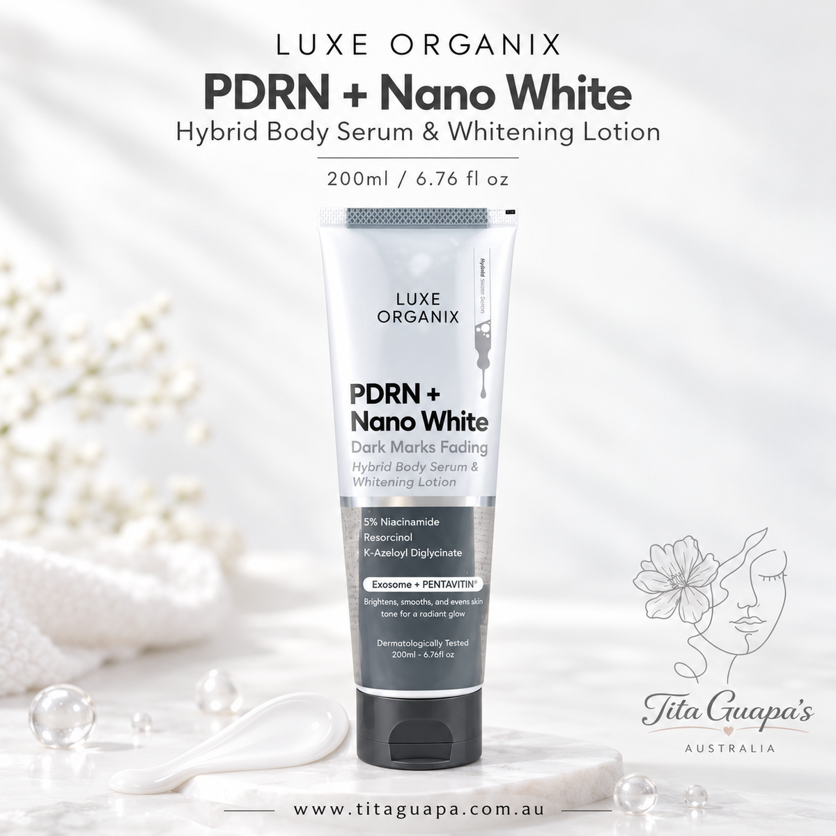 Luxe Organix PDRN + Nano White Dark Marks Fading Hybrid Body Serum & Whitening Lotion – 200ml