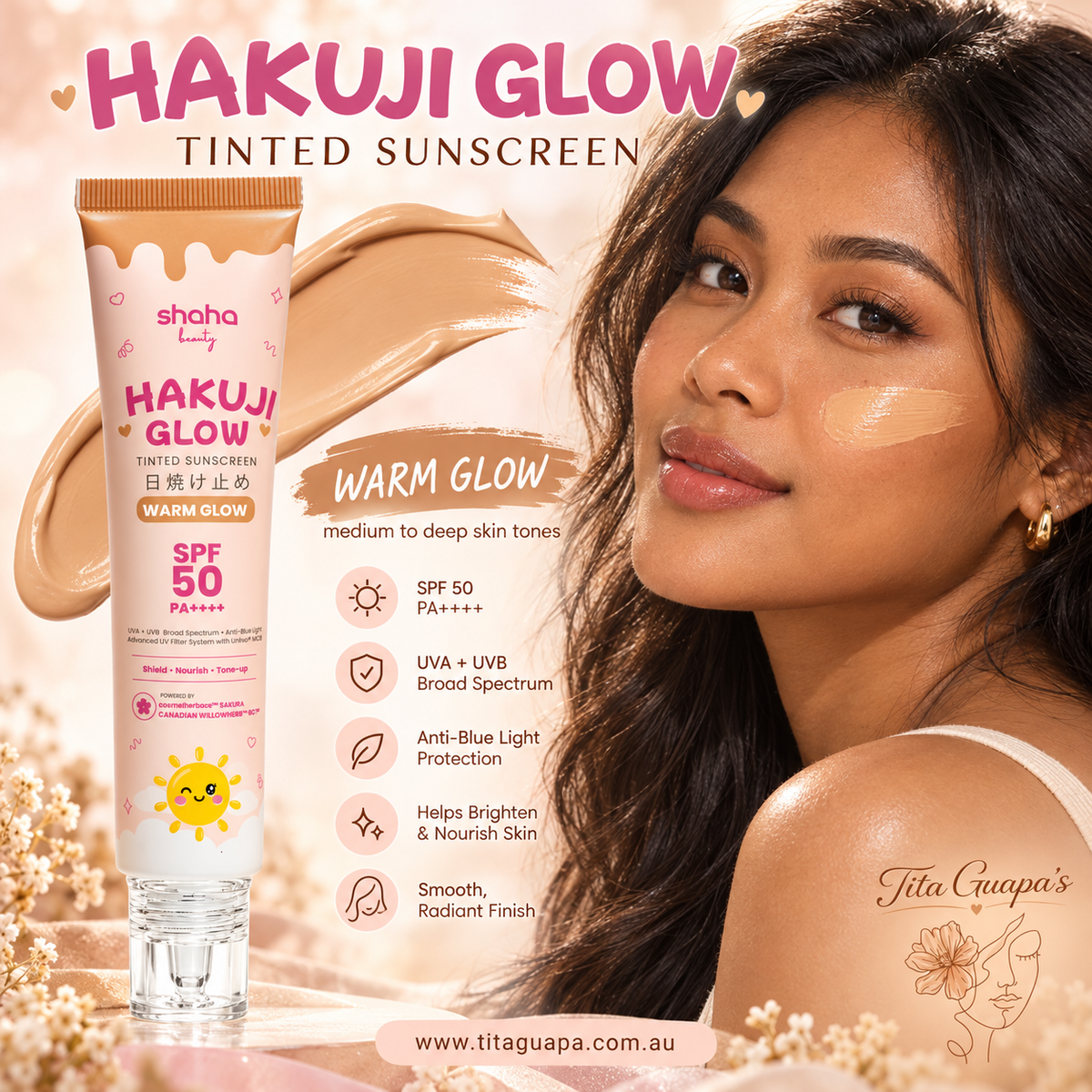 Shaha Beauty Hakuji Glow Tinted Sunscreen SPF50 PA++++ – Warm Glow