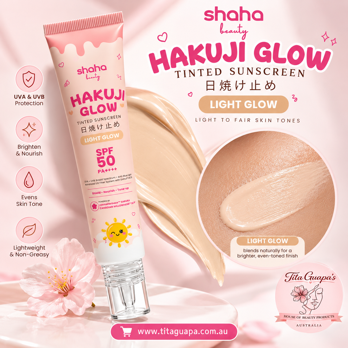 Shaha Beauty Hakuji Glow Tinted Sunscreen SPF50 PA++++ – Light Glow