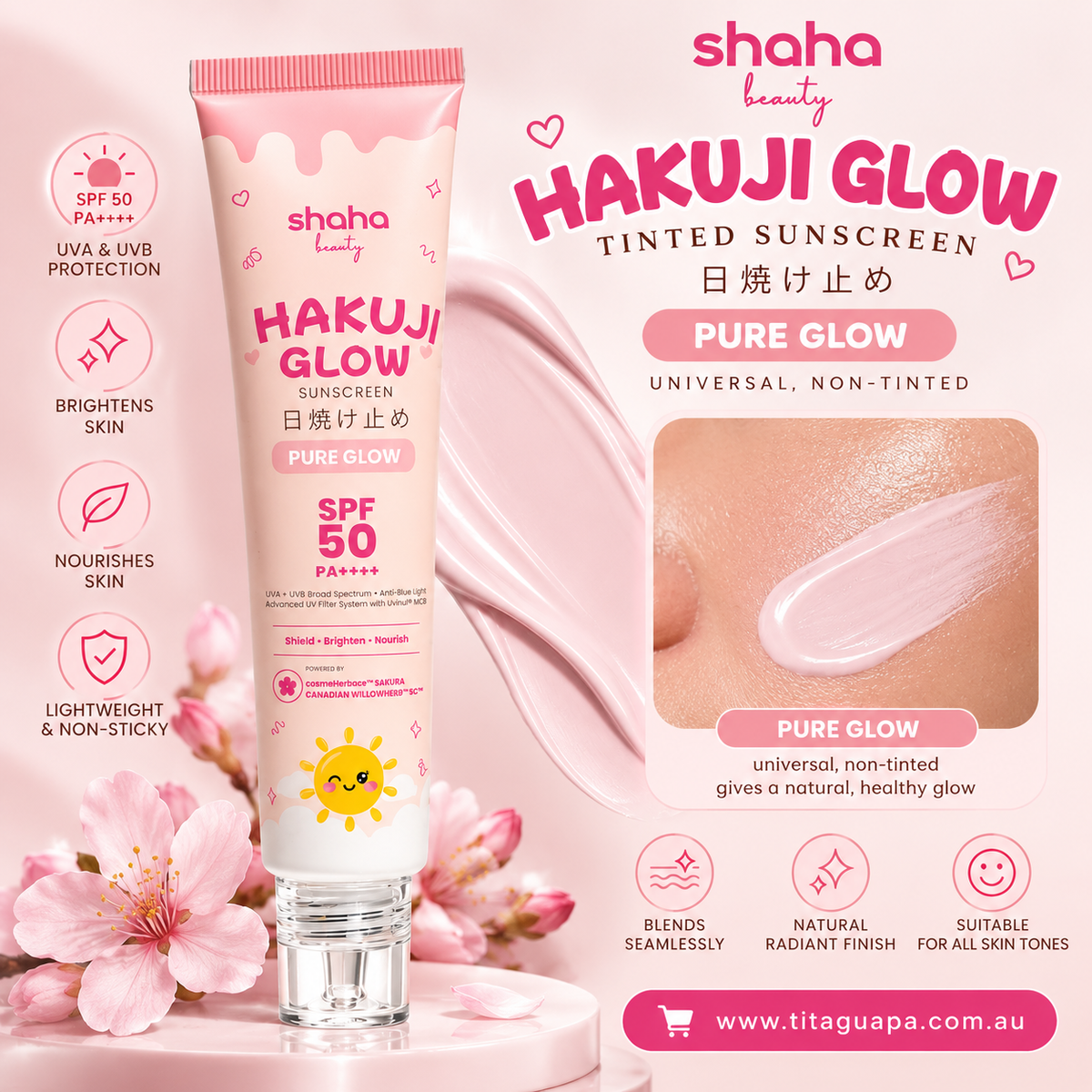 Shaha Beauty Hakuji Glow Sunscreen SPF50 PA++++ – Pure Glow
