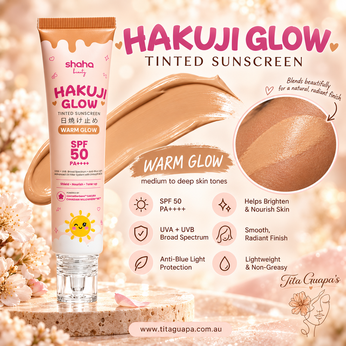Shaha Beauty Hakuji Glow Tinted Sunscreen SPF50 PA++++ – Warm Glow