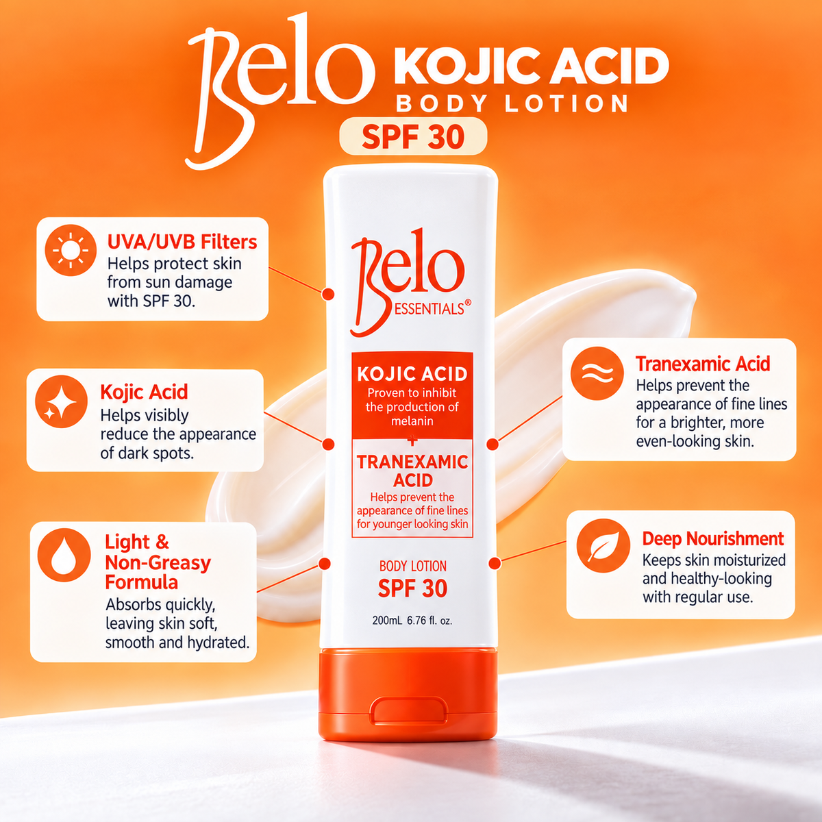 BELO Whitening Lotion (Orange) Kojic Acid+Tranexamic Acid 200ml