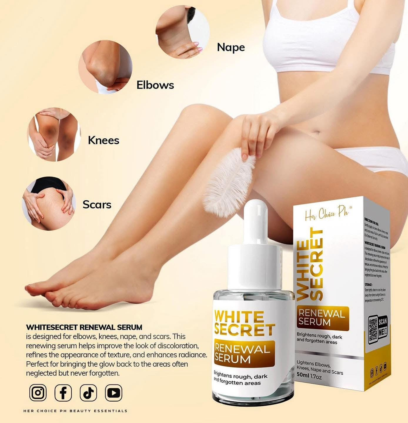 Her Choice Ph White Secret Renewal Serum 50ml - Elbows, Knees, Napes & Scars