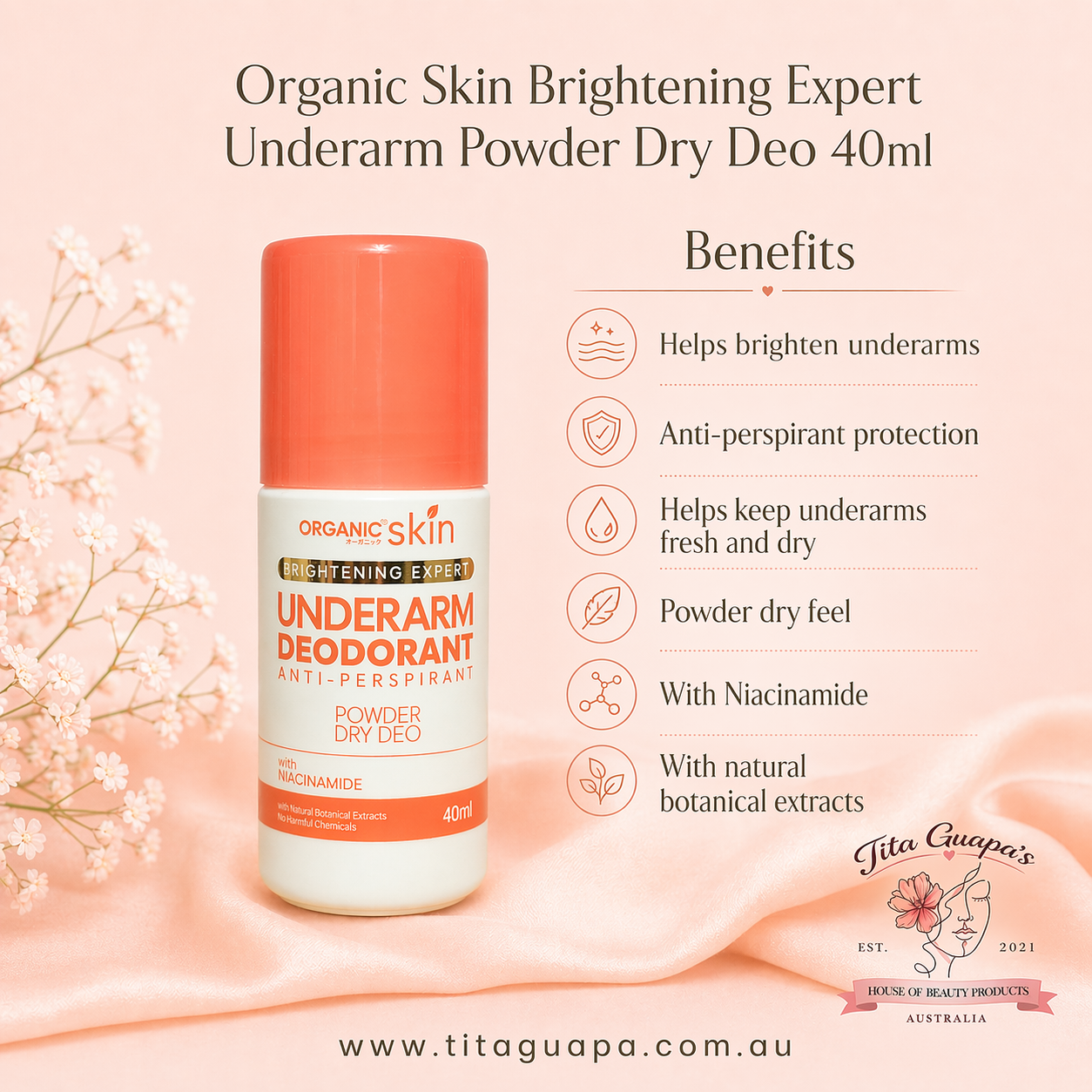 Organic Skin Brightening Expert Underarm Powder Dry Deo (40ml) with Niacinamide