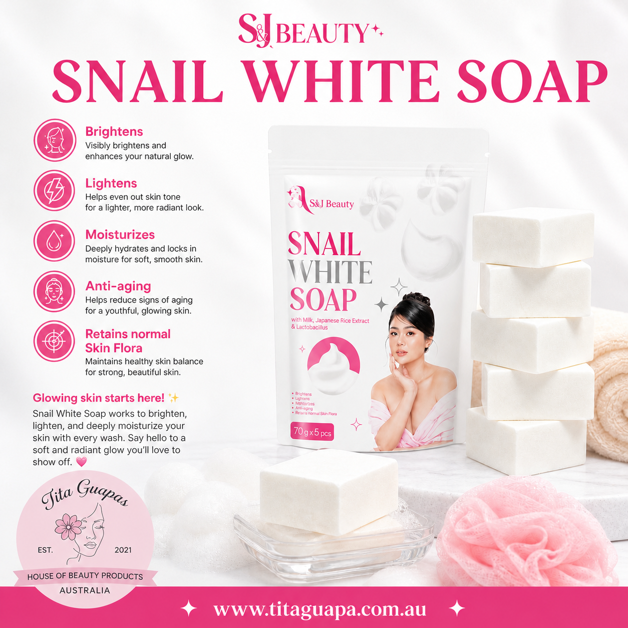 S&J Beauty Snail White Soap 70g x 5 bars
