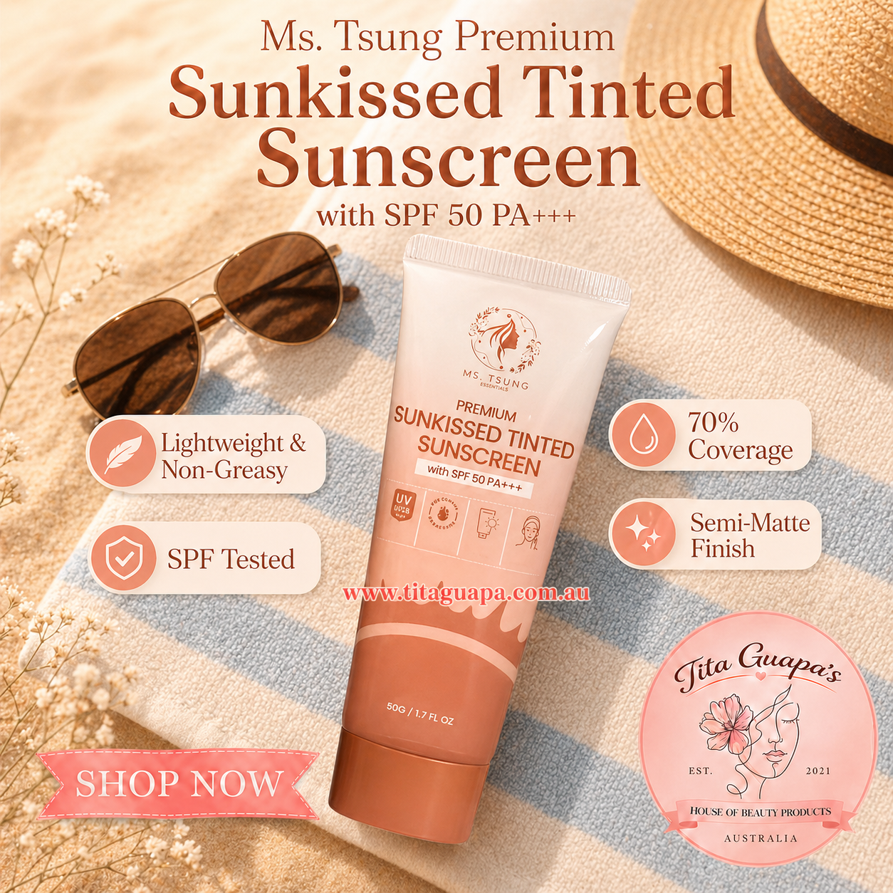 Ms Tsung Premium Sunkissed Tinted Sunscreen 50g with SPF 50 PA+++