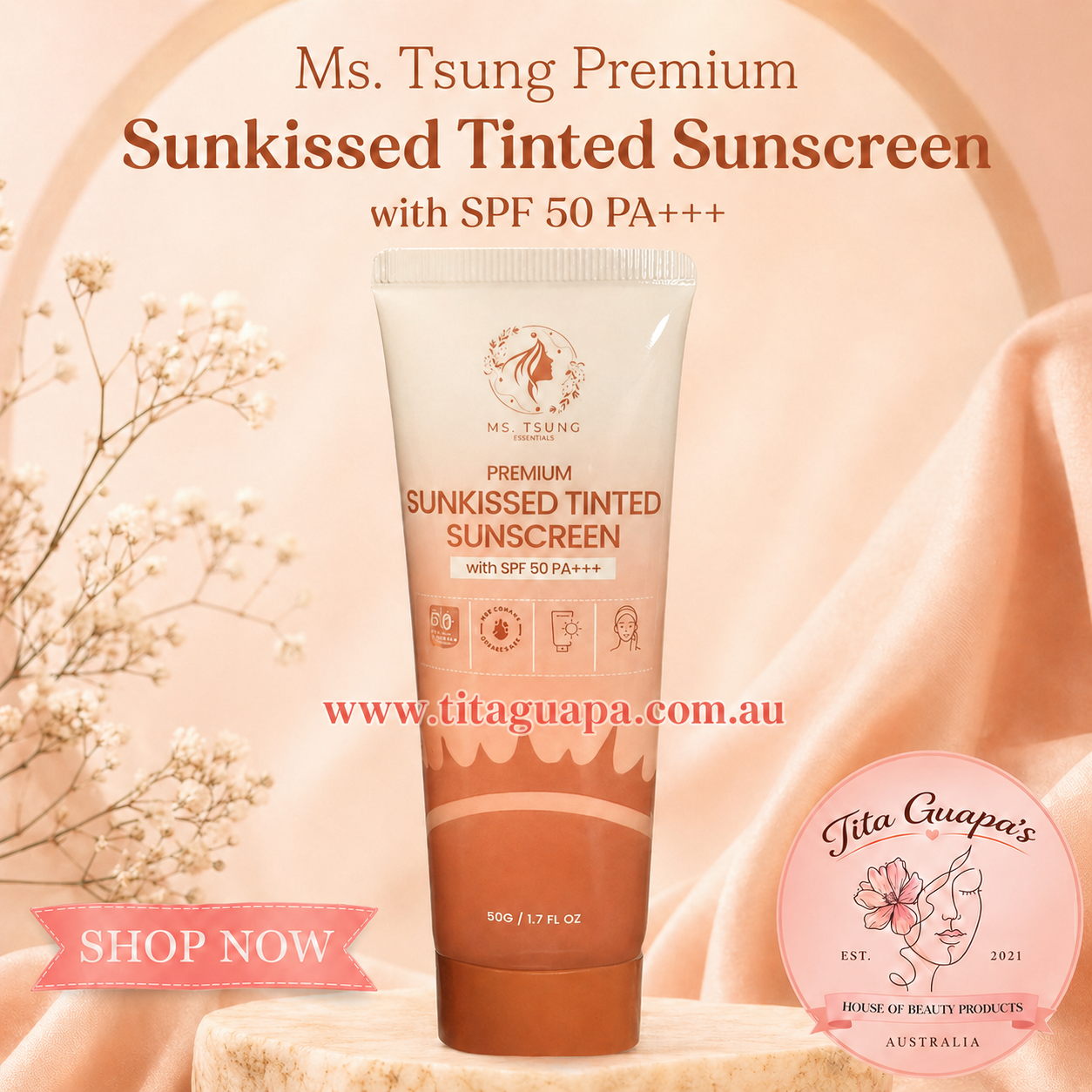 Ms Tsung Premium Sunkissed Tinted Sunscreen 50g with SPF 50 PA+++