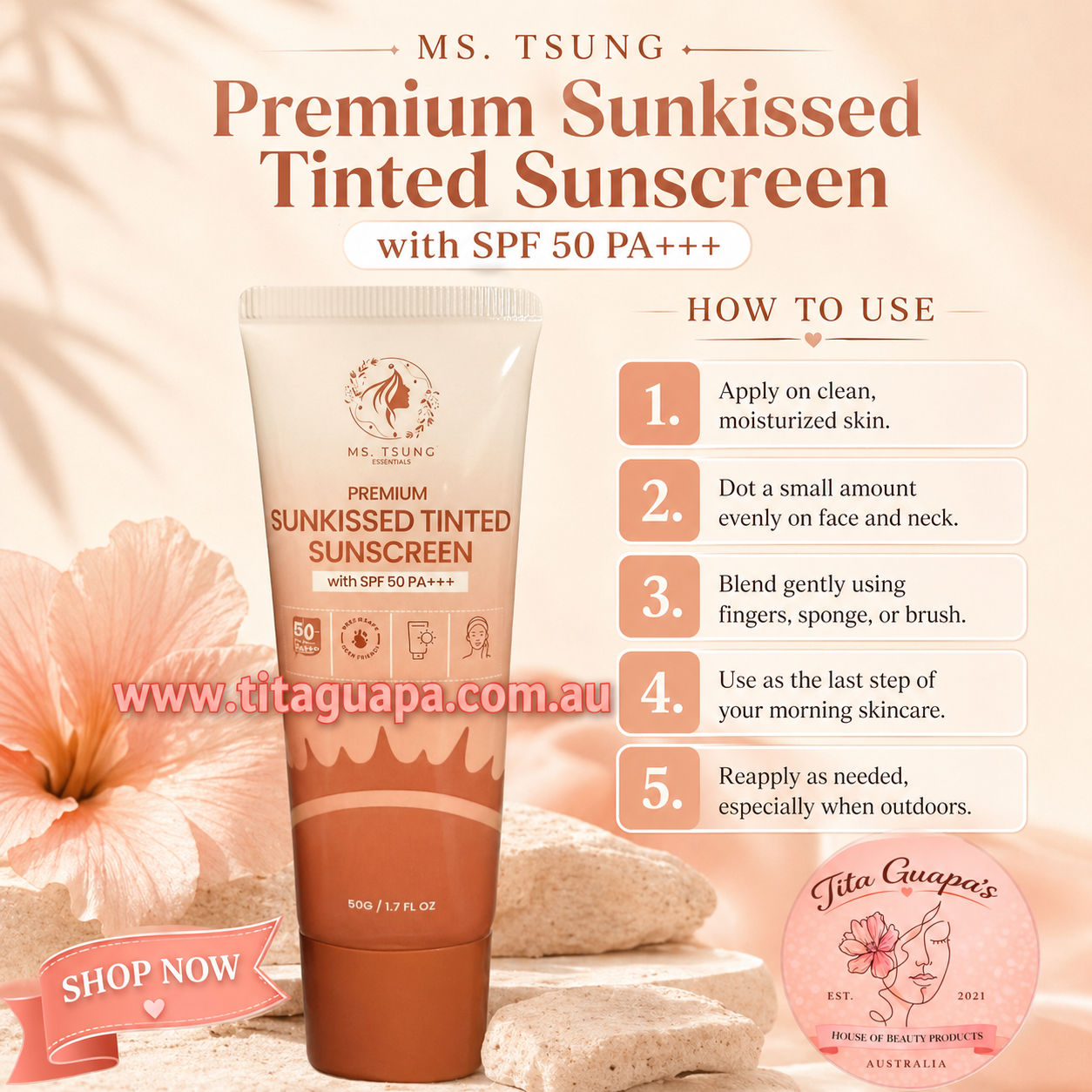 Ms Tsung Premium Sunkissed Tinted Sunscreen 50g with SPF 50 PA+++
