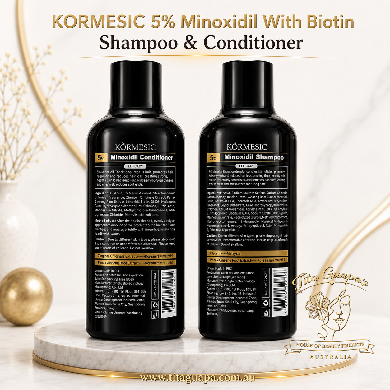 KORMESIC 5% Minoxidil With Biotin Shampoo & Conditioner Set – 300ml each