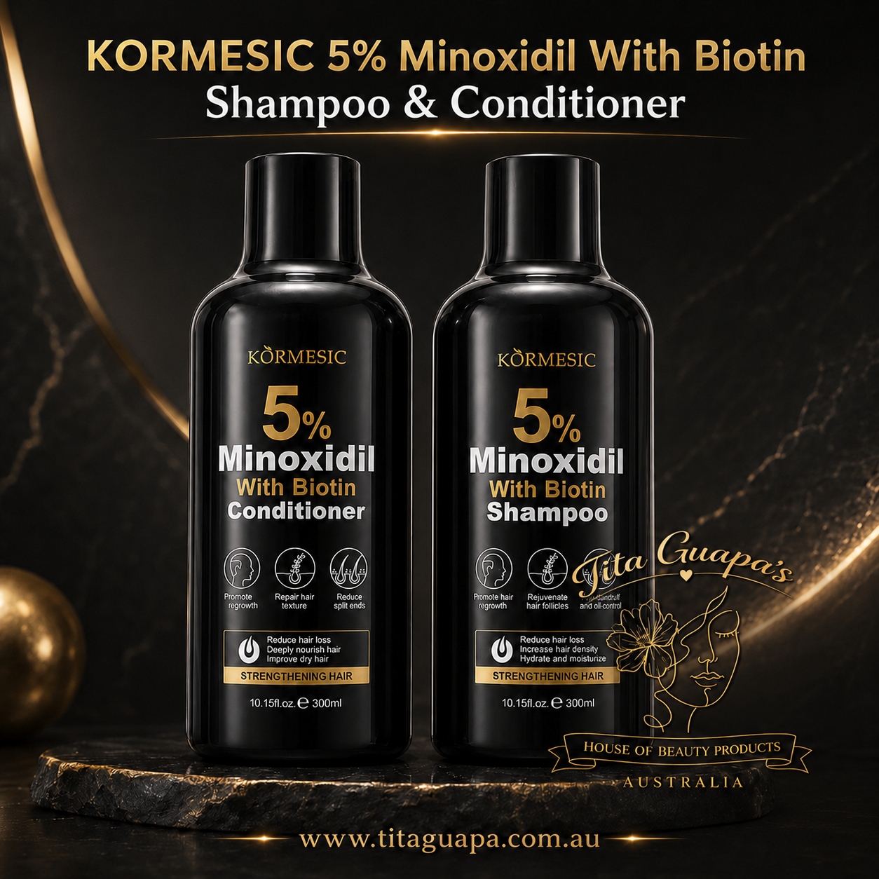 KORMESIC 5% Minoxidil With Biotin Shampoo & Conditioner Set – 300ml each