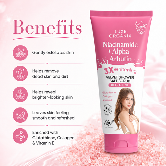 Luxe Organix Niacinamide + Alpha Arbutin 3X Whitening Velvet Shower Salt Scrub 320g