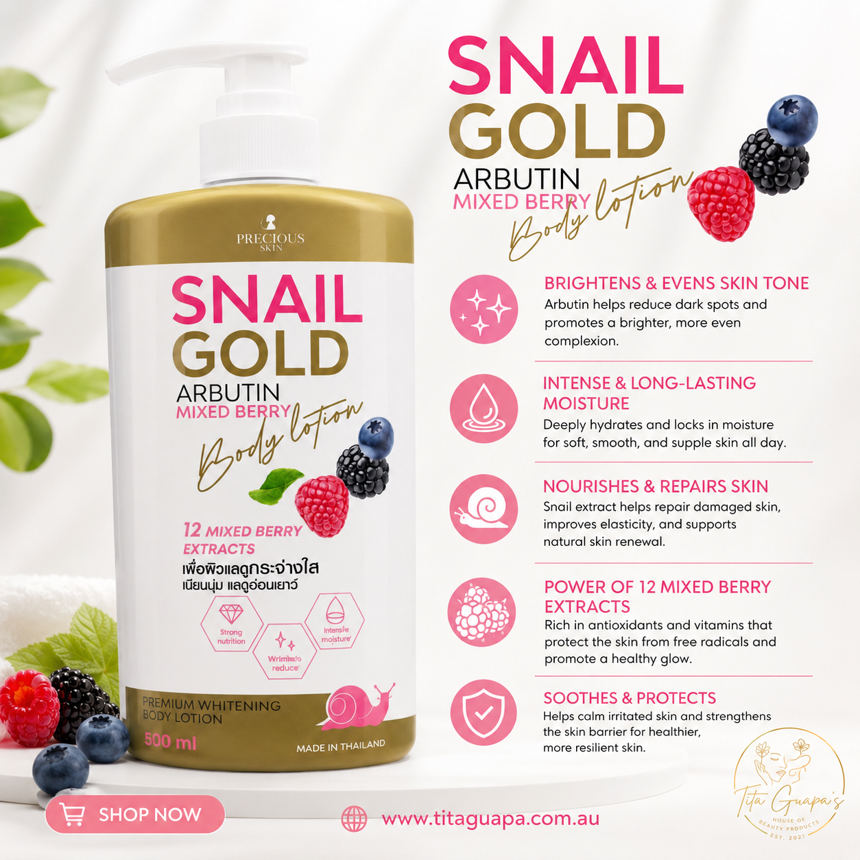 Precious Skin Snail Gold Arbutin Mixed Berry Body Lotion 500ml