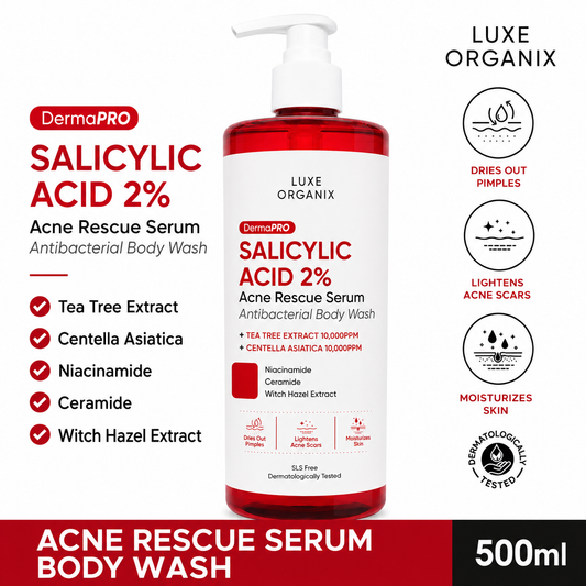 LUXE ORGANIX DermaPro Salicylic Acid 2% Acne Rescue Serum Antibacterial Body Wash – 500ml