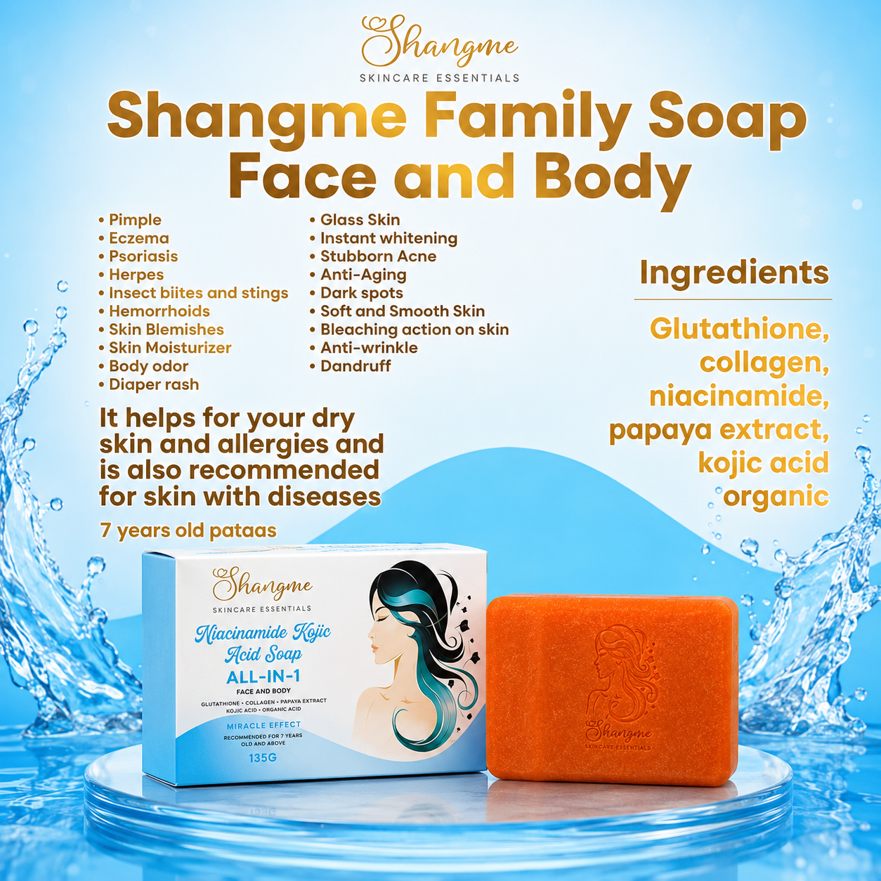 Shangme Skin Niacinamide Kojic Papaya Soap with Glutathione & Collagen

All-in-One Face & Body Cleansing Bar | 135g