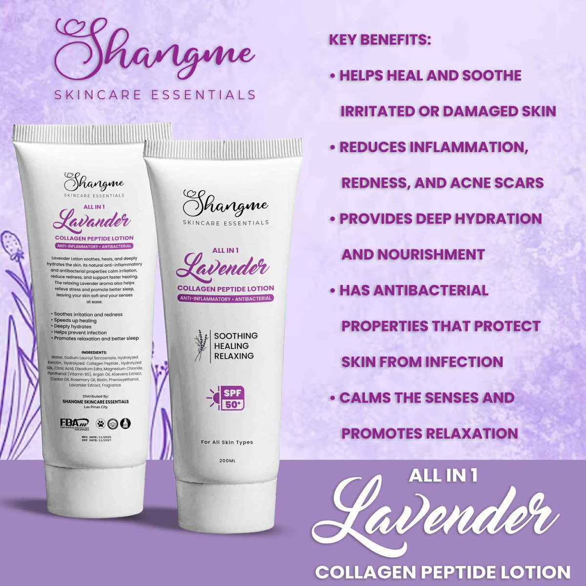 Shangme Skincare Essentials

All In 1 Lavender Collagen Peptide Lotion SPF 50+ (250ml)