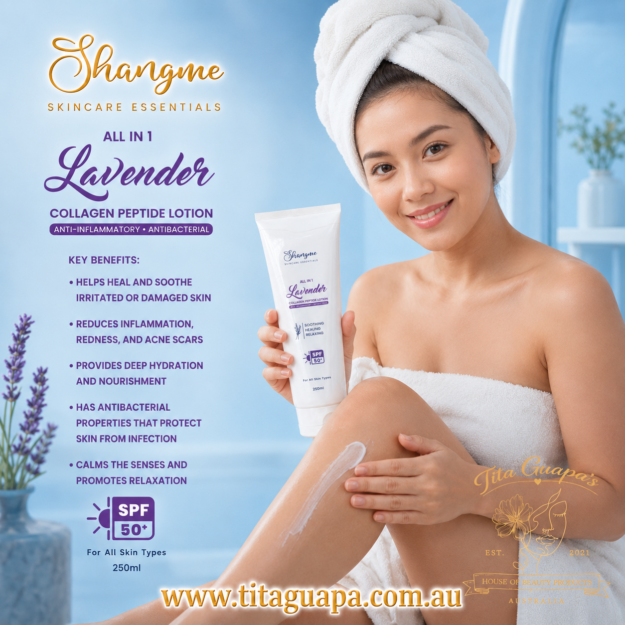 Shangme Skincare Essentials

All In 1 Lavender Collagen Peptide Lotion SPF 50+ (250ml)