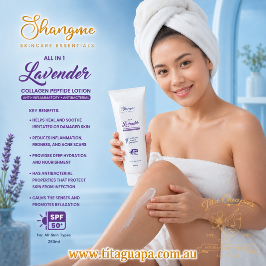 Shangme Skincare Essentials

All In 1 Lavender Collagen Peptide Lotion SPF 50+ (250ml)