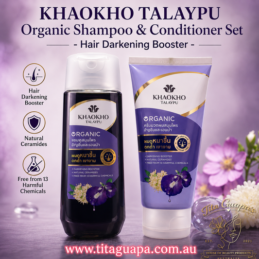 KHAOKHO TALAYPU Organic Herbal Shampoo 180ml and Conditioner 160ml Hair Care Set (With Butterfly Pea, Henna, and Natural Ceramides)