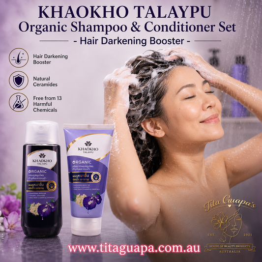 KHAOKHO TALAYPU Organic Herbal Shampoo 180ml and Conditioner 160ml Hair Care Set (With Butterfly Pea, Henna, and Natural Ceramides)