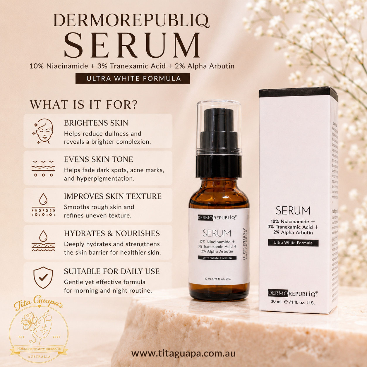 DERMO REPUBLIQ 10% Niacinamide + 3% Tranexamic Acid + 2% Alpha Arbutin Serum (30 mL)
