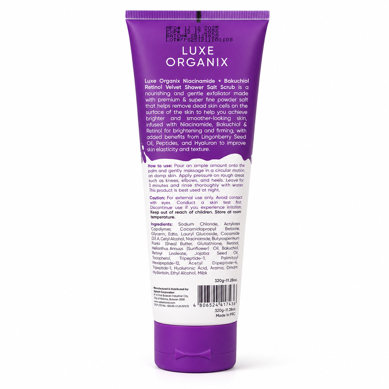Luxe Organix Niacinamide + Bakuchiol Retinol 3X Whitening & Firming Velvet Shower Salt Scrub – 320g