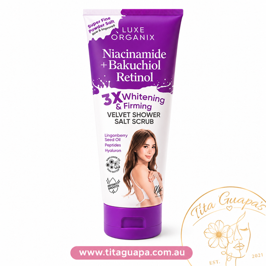 Luxe Organix Niacinamide + Bakuchiol Retinol 3X Whitening & Firming Velvet Shower Salt Scrub – 320g