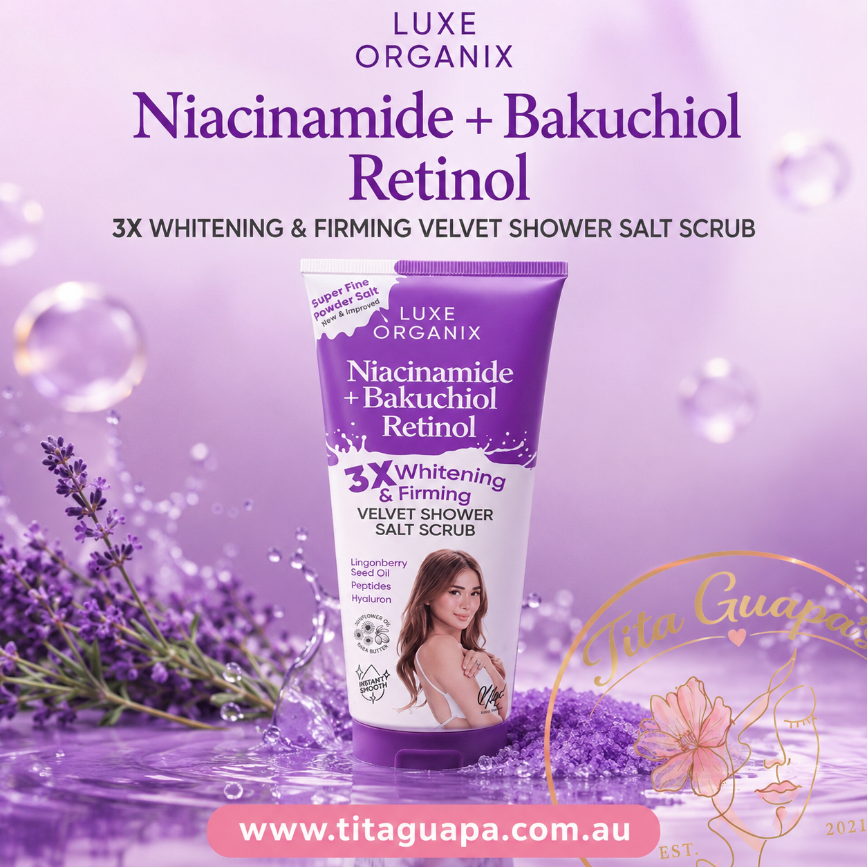 Luxe Organix Niacinamide + Bakuchiol Retinol 3X Whitening & Firming Velvet Shower Salt Scrub – 320g